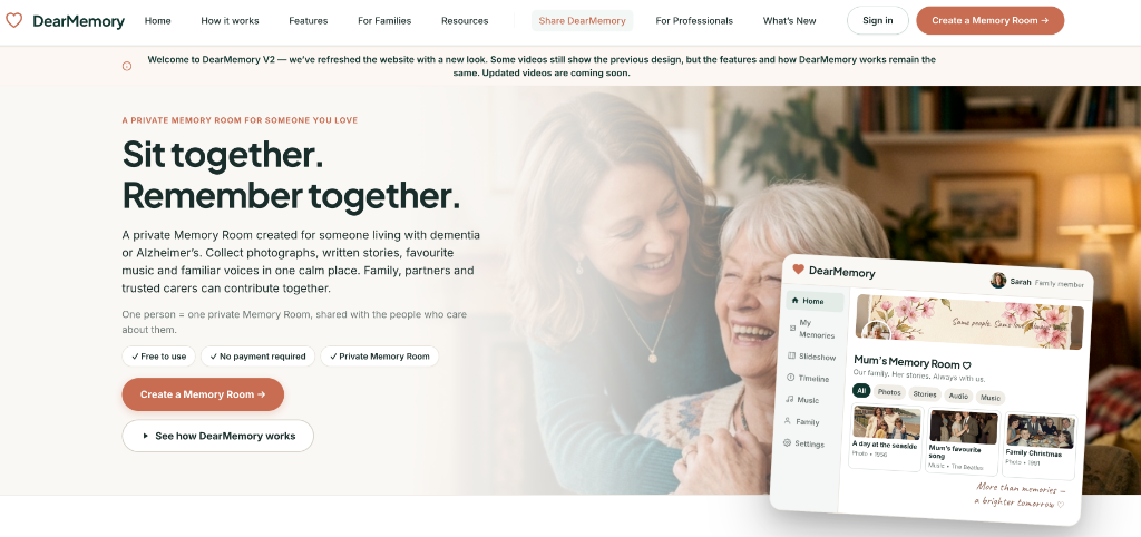 DearMemory homepage screenshot