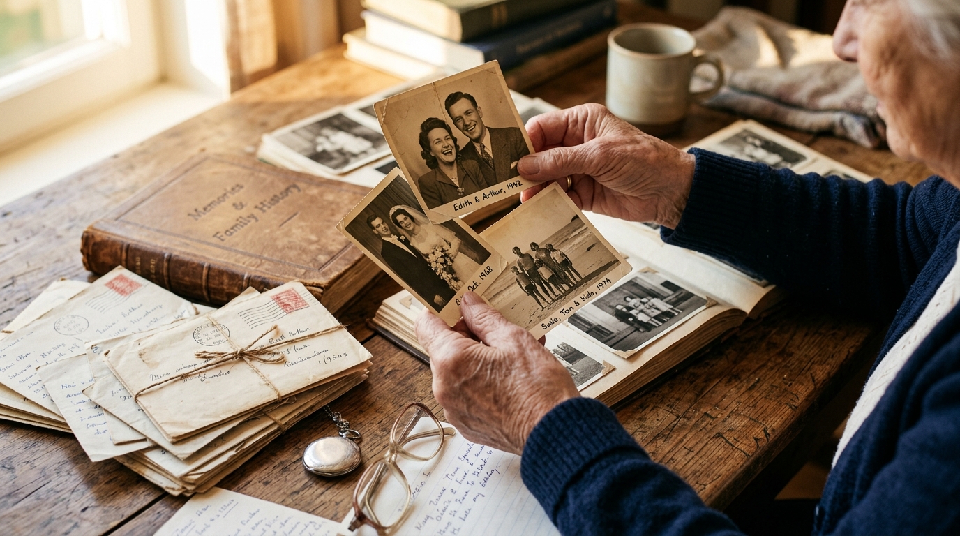 Hands holding vintage family photographs over old letters and photo albums