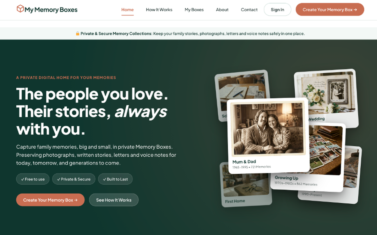 MyMemoryBoxes homepage screenshot